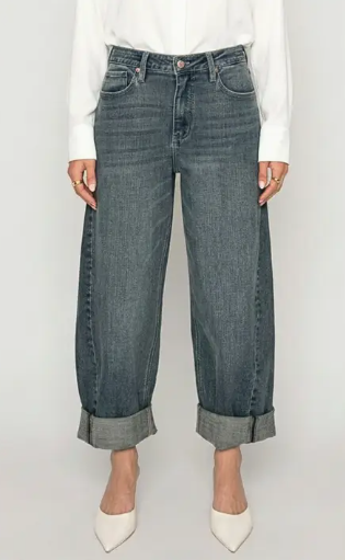 Vintage Wash High Rise Relaxed Tapered Barrel Leg Jeans