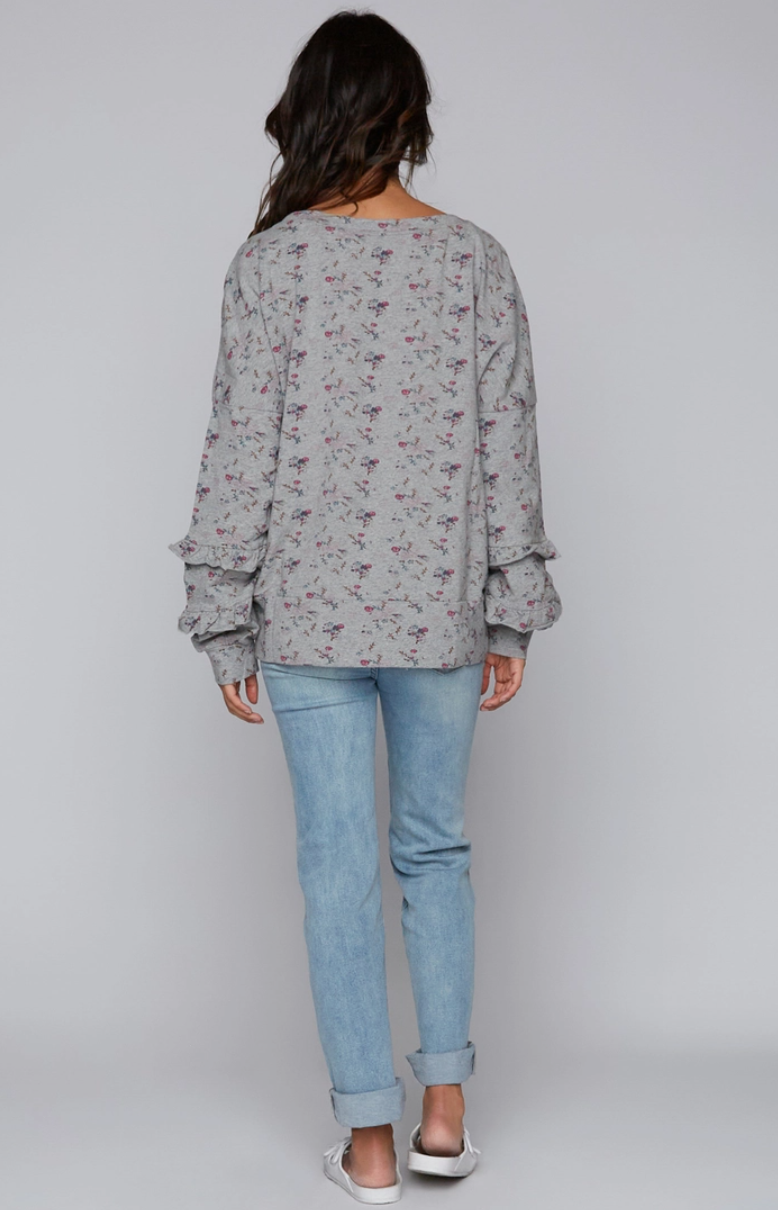 Delicate floral print ruffle sleeve sweatshirt