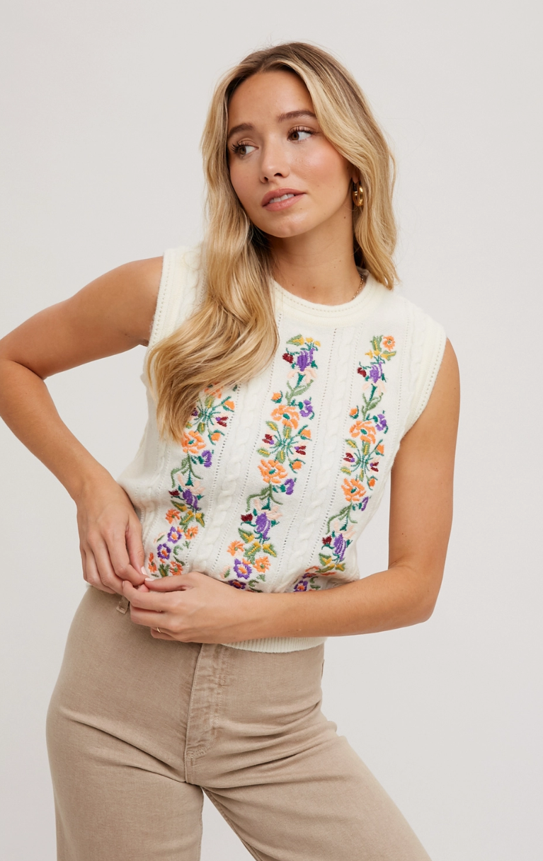 EMBROIDERED SLEEVELESS KNIT TANK TOP