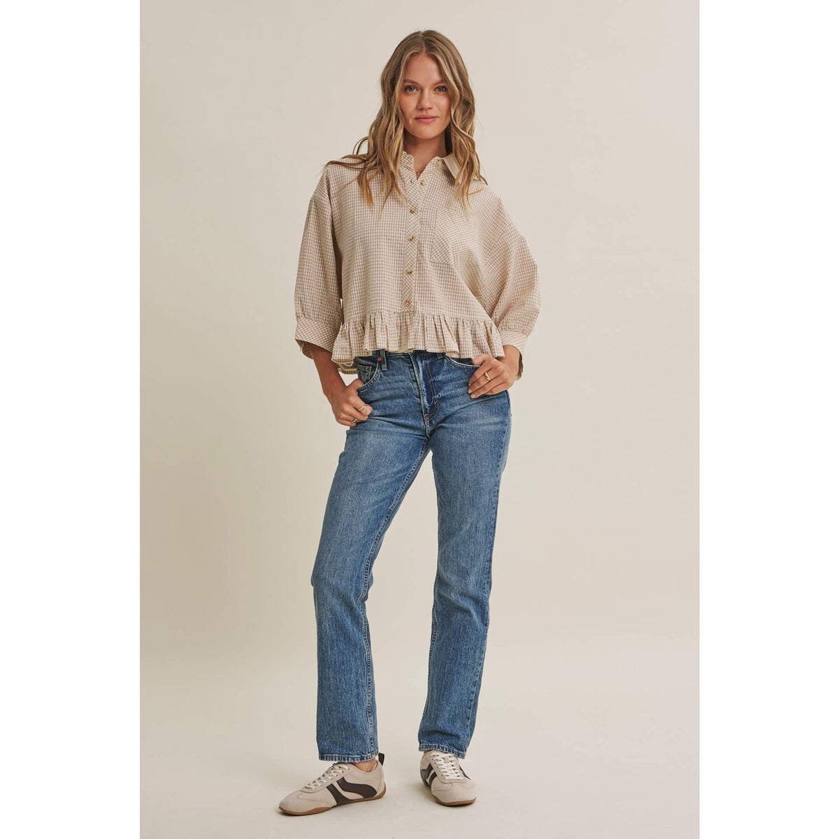 Morning Oat Micro Check Ruffle Hem Button-Down Shirt