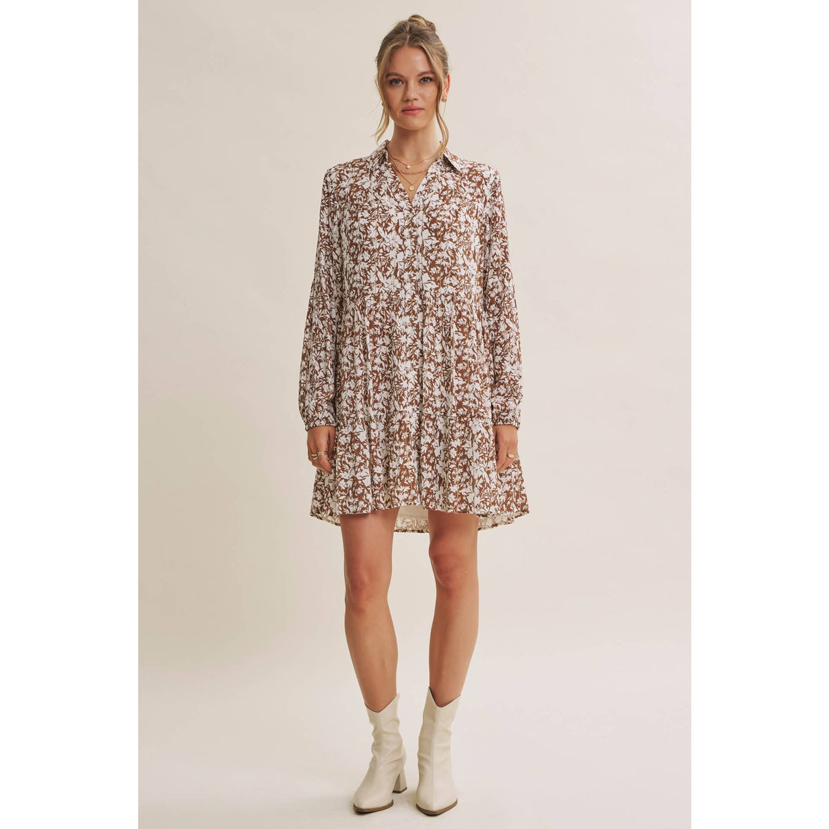 Soft Autumn Floral Button-Down Mini Shift Dress