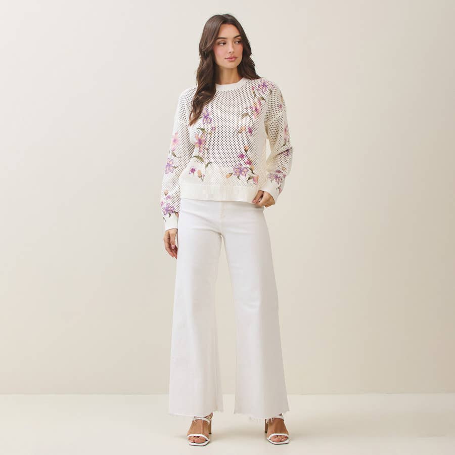 Floral Print Open Knit Sweater