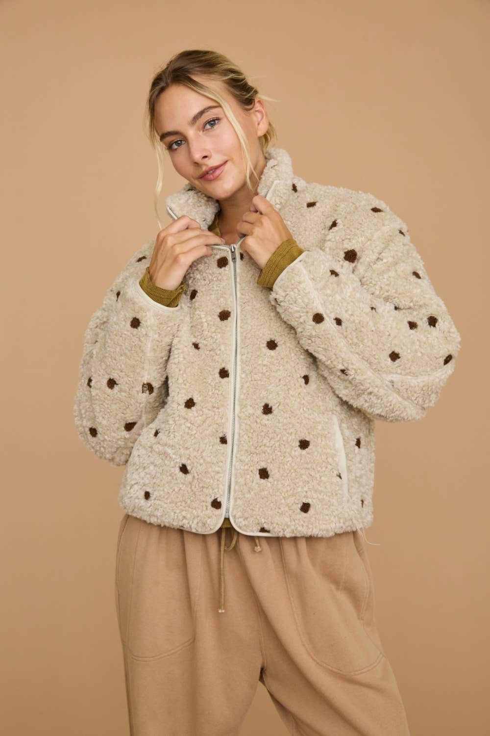 Polka Dot Sherpa Fleece Zip Front Jacket