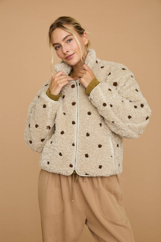 Polka Dot Sherpa Fleece Zip Front Jacket