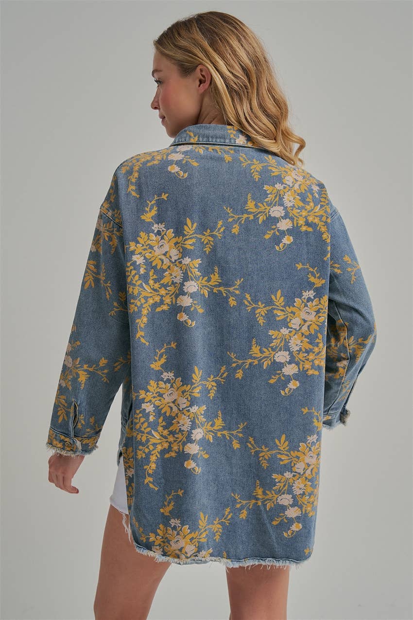 Floral Denim Relaxed Shirt/Jacket with Pockets
