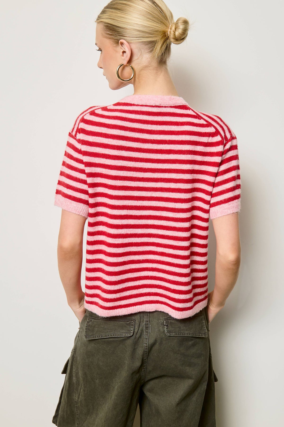 Striped Short Sleeve Knit Cardigan