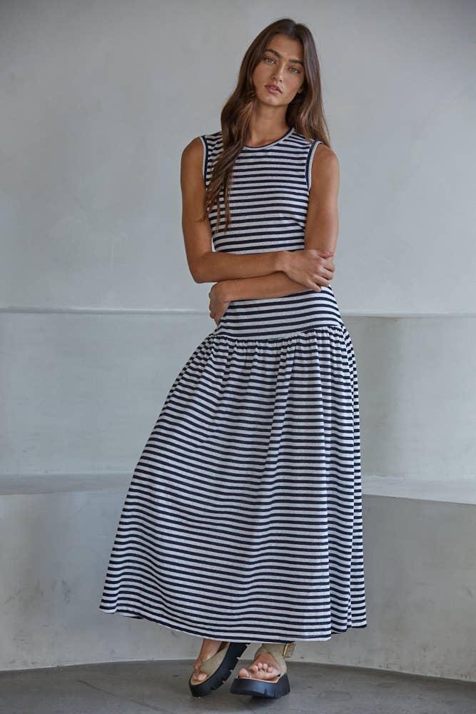 Knit Cotton Blend Striped Sleeveless Midi - Ultra Light Fabric