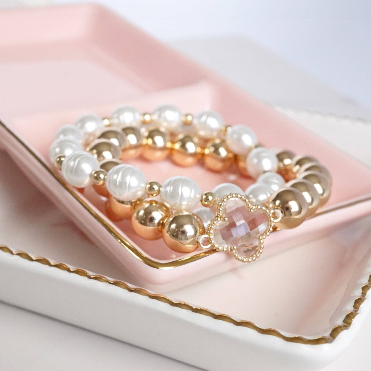 Beads & Clover Charm Statement Bracelet Stack