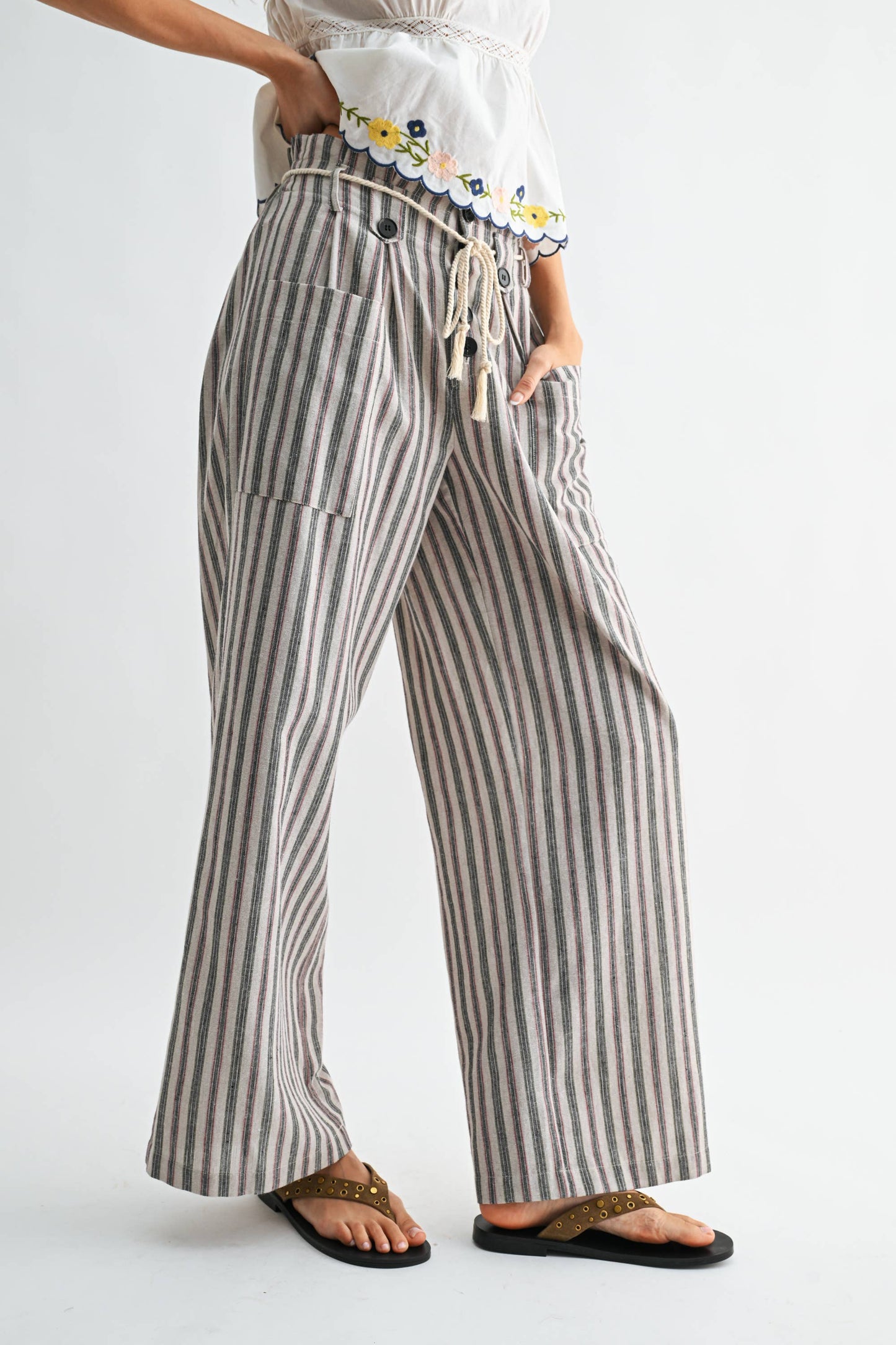 Striped Linen-Blend Wide Leg Pants with Drawstring