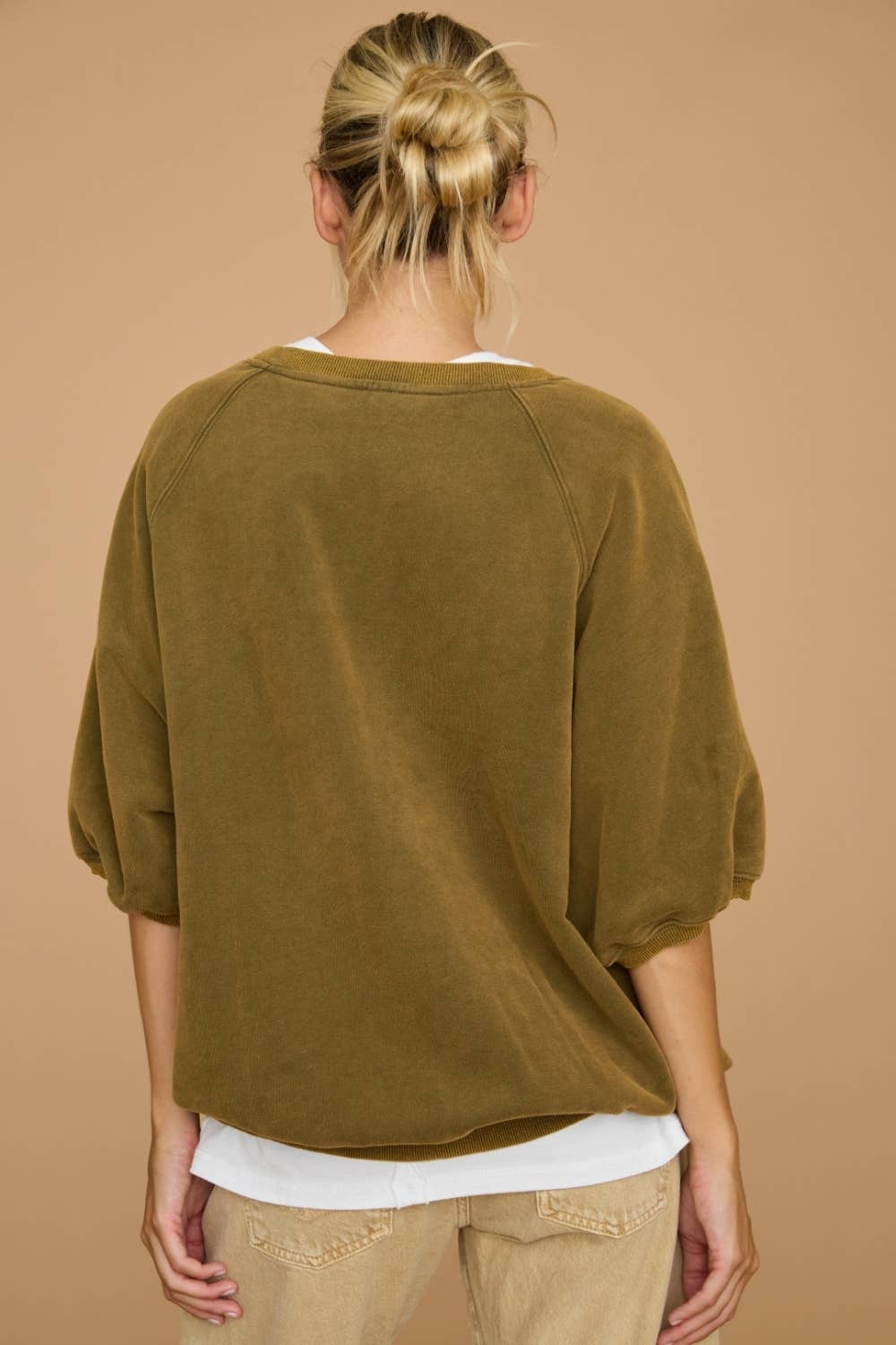 Washed Short Puff Sleeve Pullover Sweatshirt