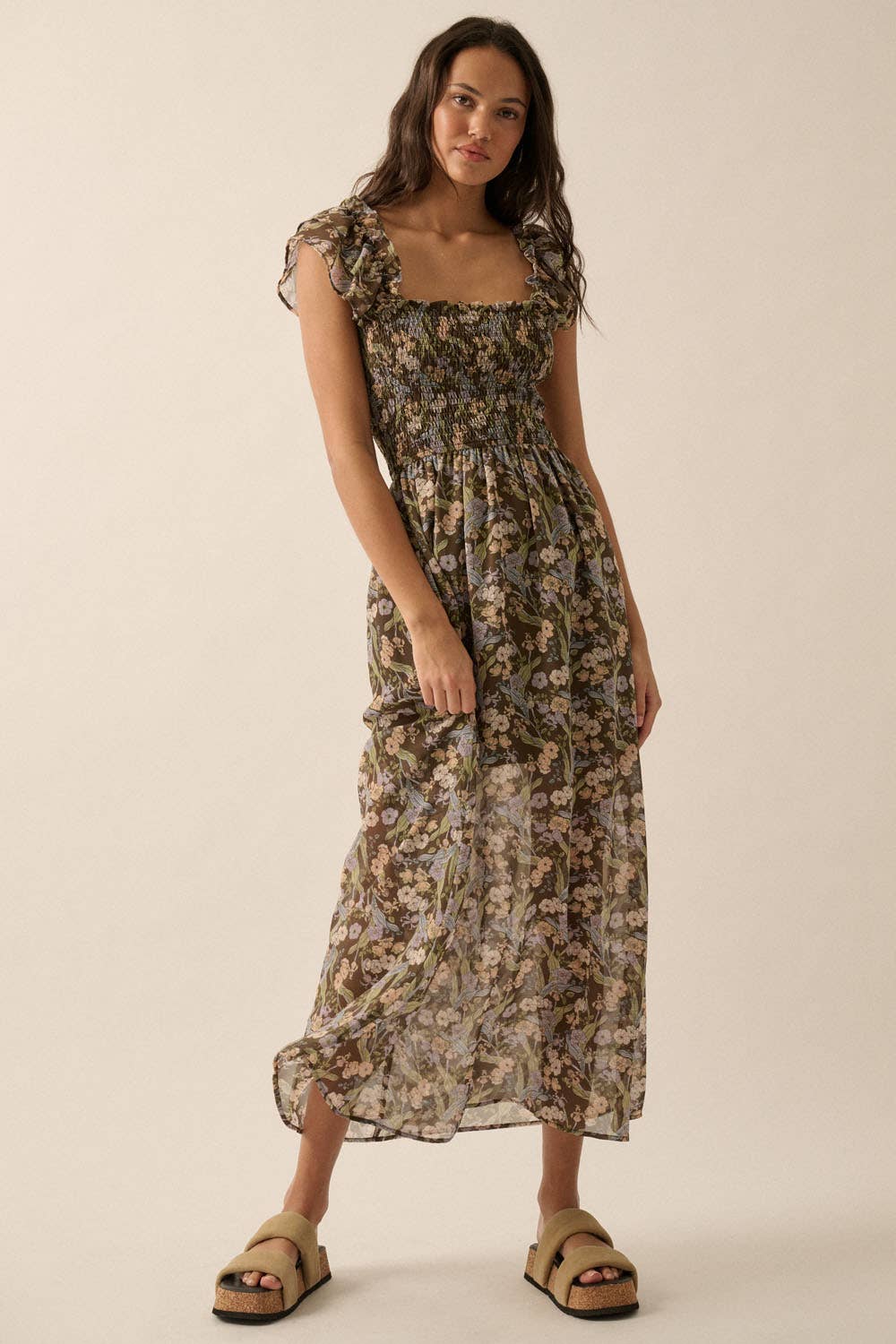 Floral Sheer Square-Neck Smocked-Bodice Maxi Dress