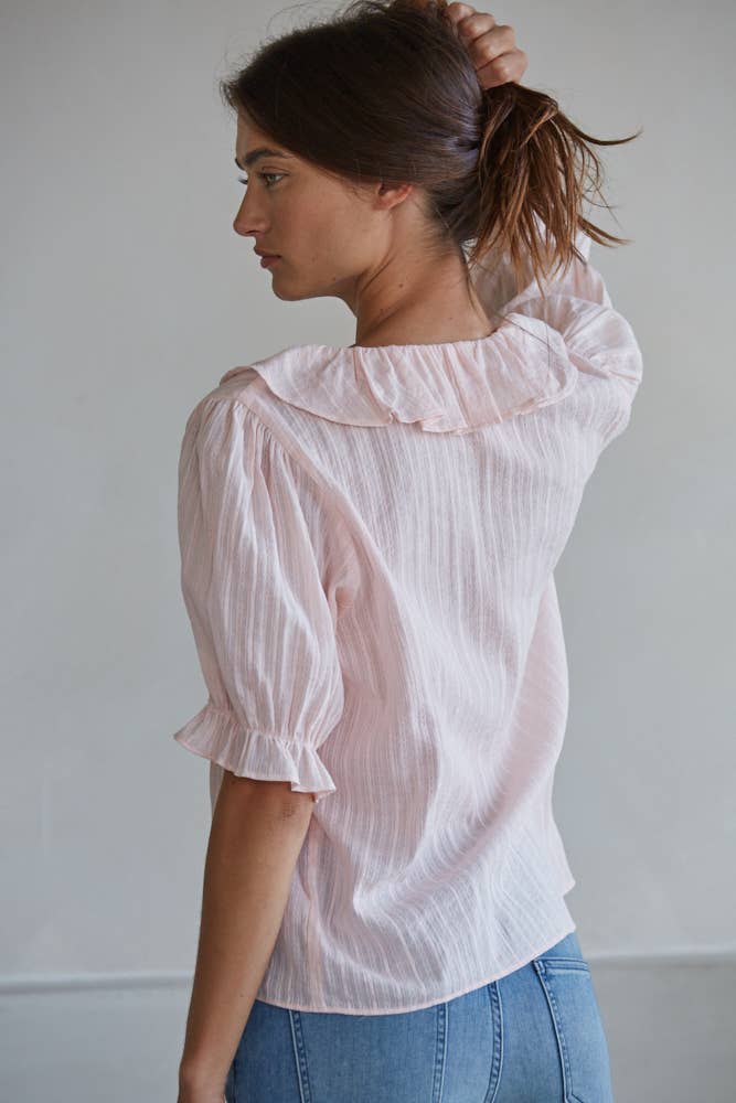 Woven Cotton V-Neck Short Sleeve Top