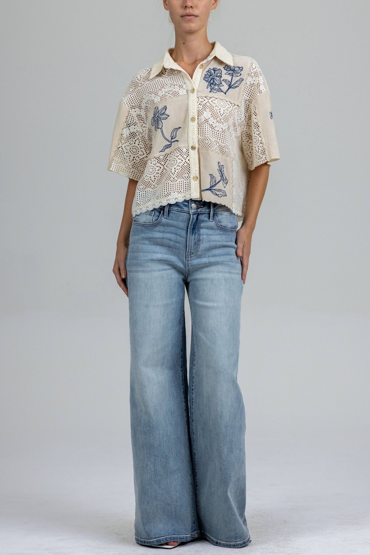 Floral Embroidery Button Down Top