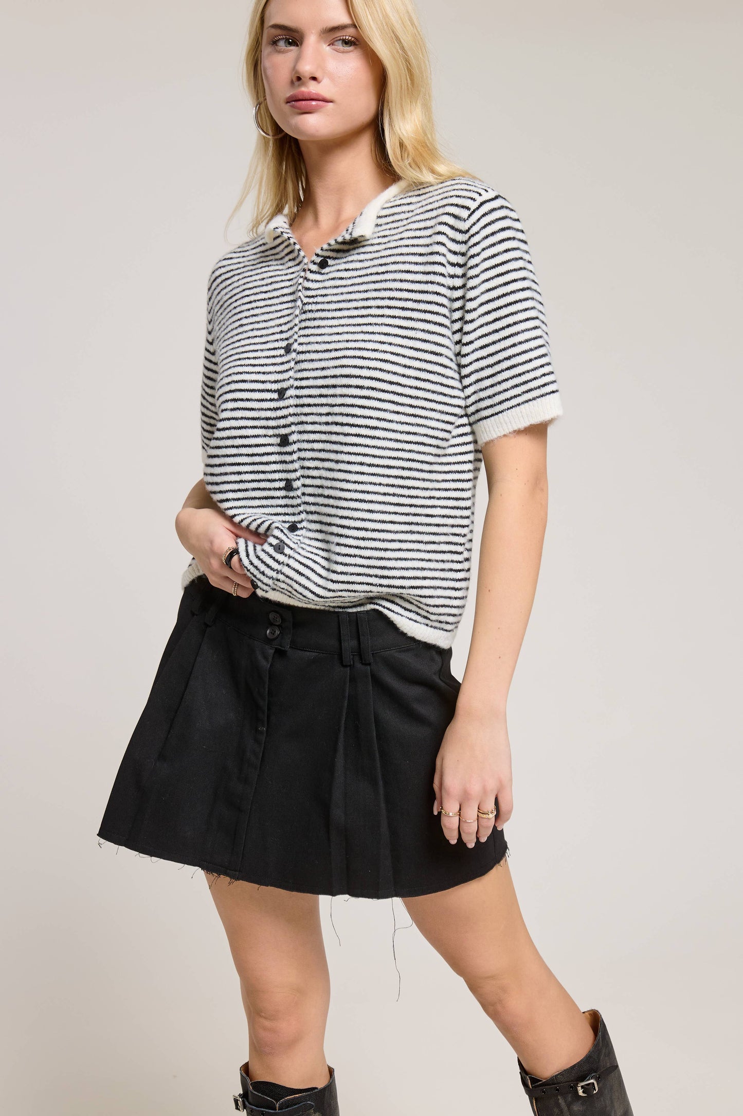 Muse Striped Short Sleeve Button Cardigan
