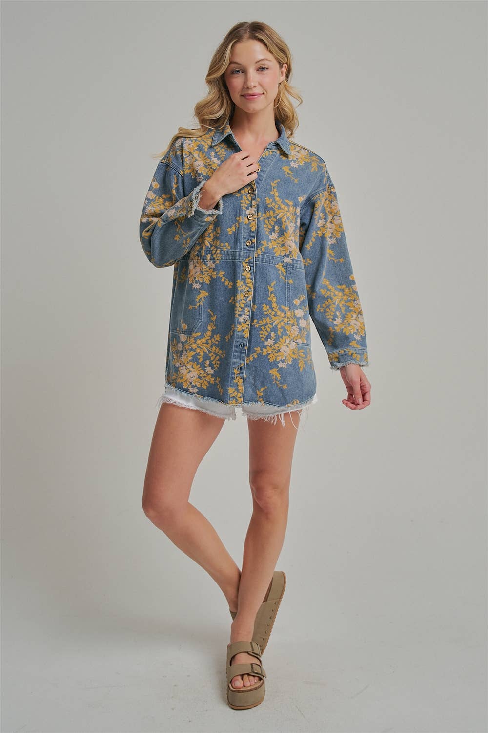 Floral Denim Relaxed Shirt/Jacket with Pockets