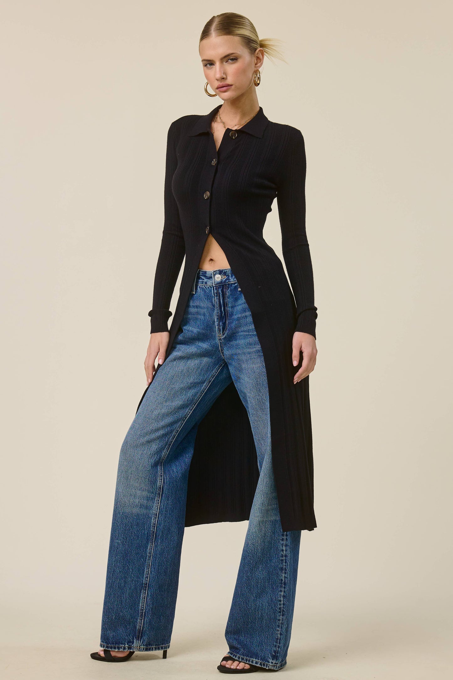 Collared Ribbed Knit Duster Cardigan
