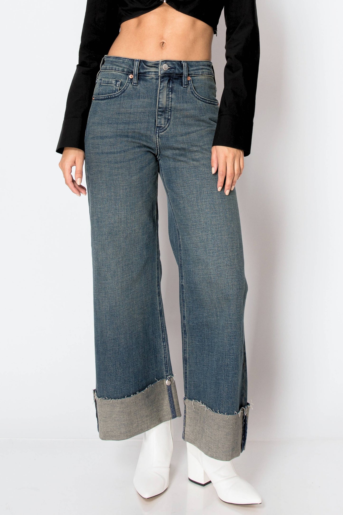 TUMMY CONTROL HIGH RISE CUFFED WIDE LEG JEANS