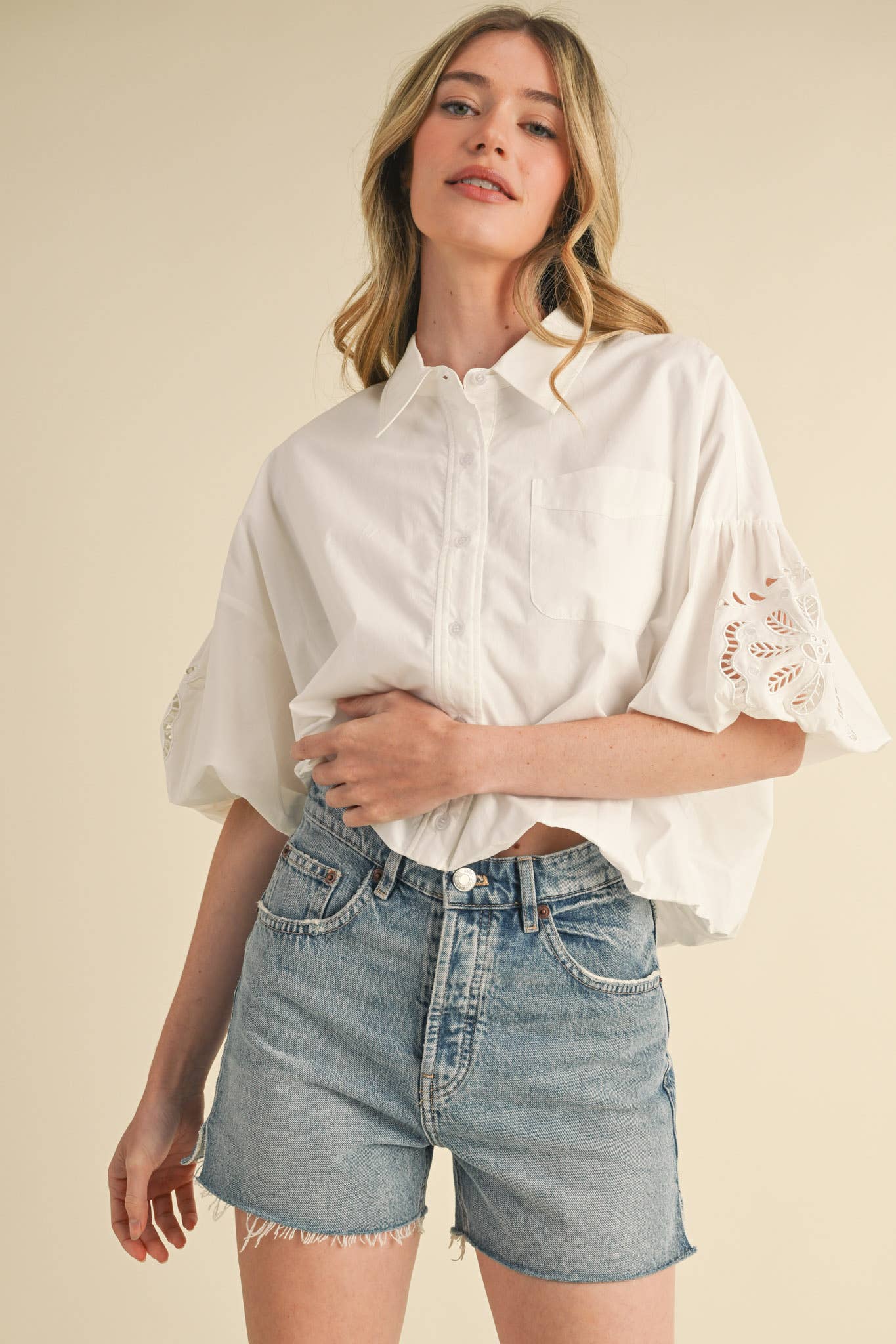 Eyelet Embroidered Bubble Sleeve Top