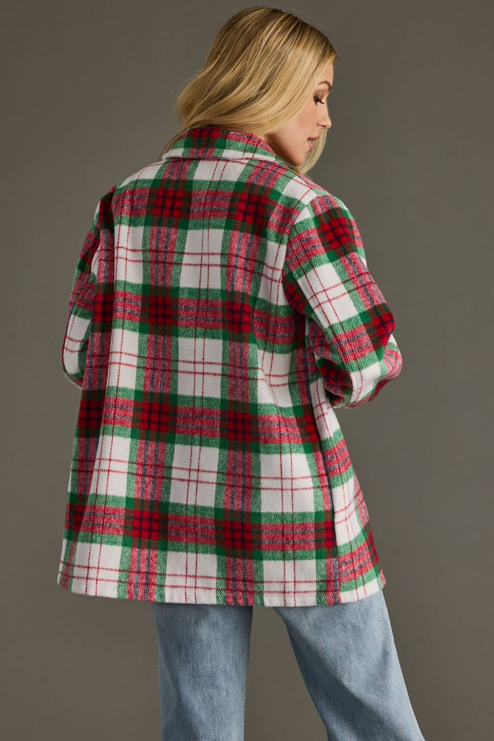 Festive Red, Green &amp; White Plaid Shirt Jacket
