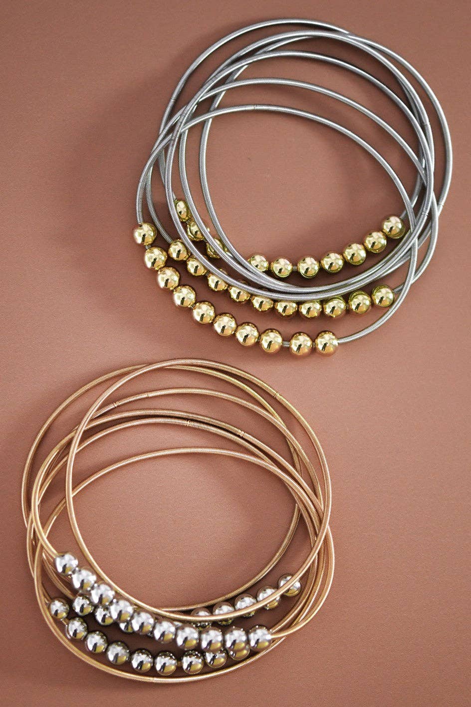Boho Layered Spring Coil Guitar String Bracelet w/Metallic Beads Set
