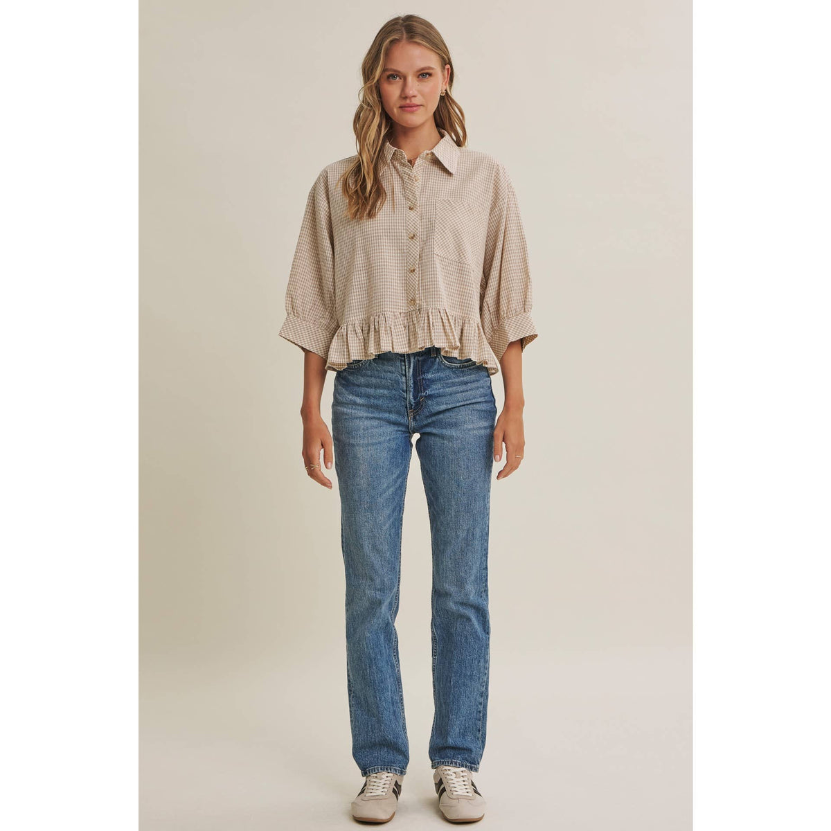 Morning Oat Micro Check Ruffle Hem Button-Down Shirt