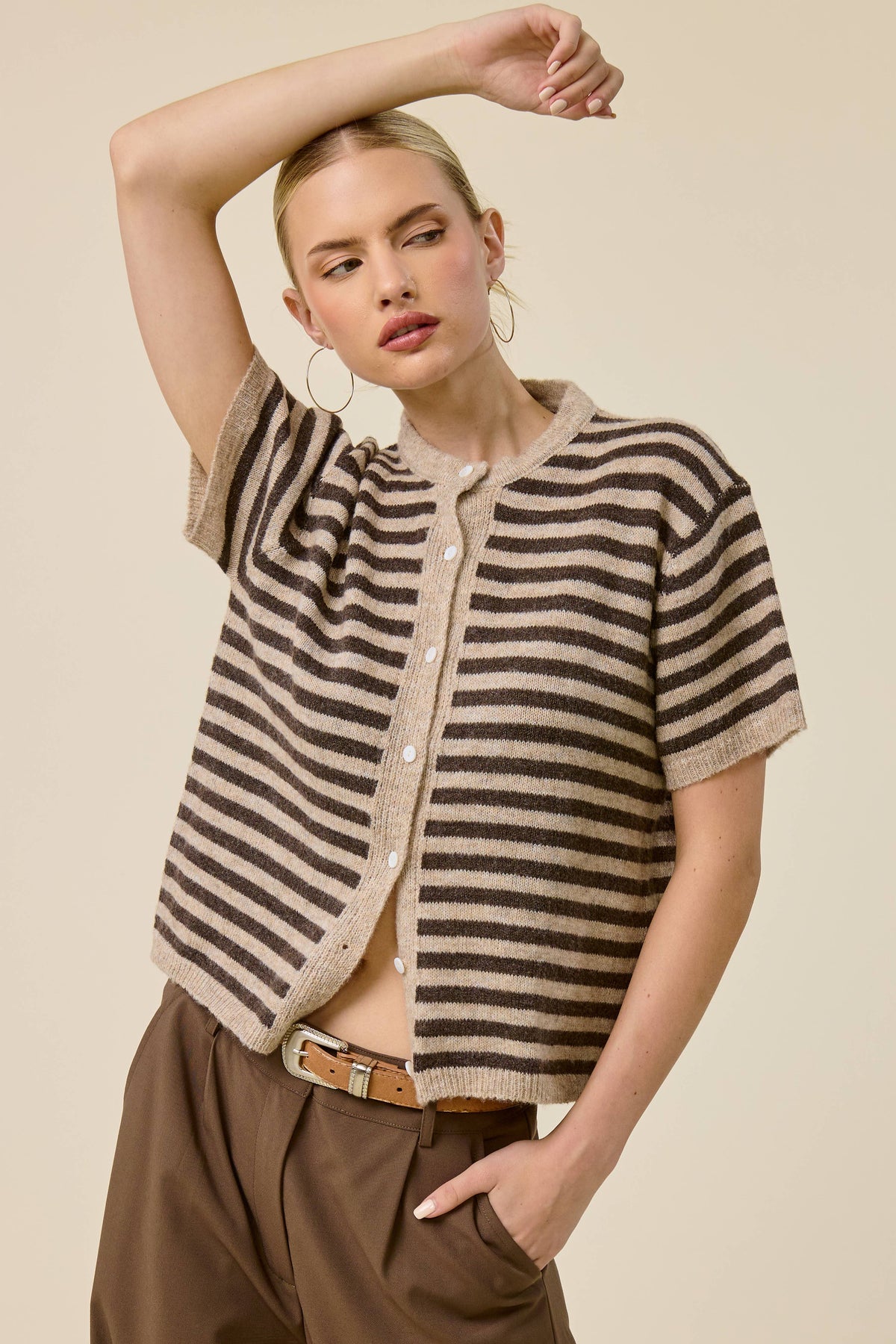 Striped Short Sleeve Knit Cardigan