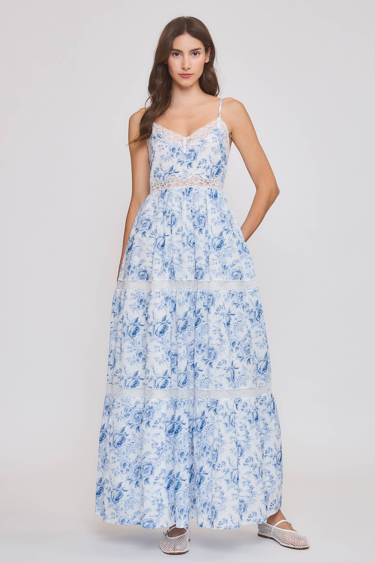 100% Cotton Floral Midi Dress with Lace Trim