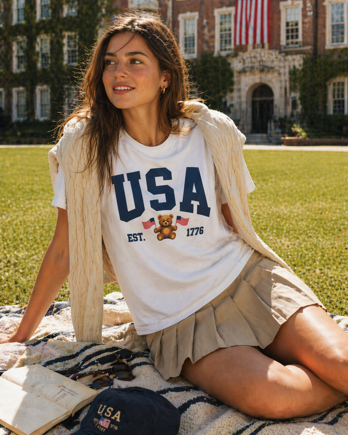 Patriotic USA Teddy Relaxed White T-Shirt