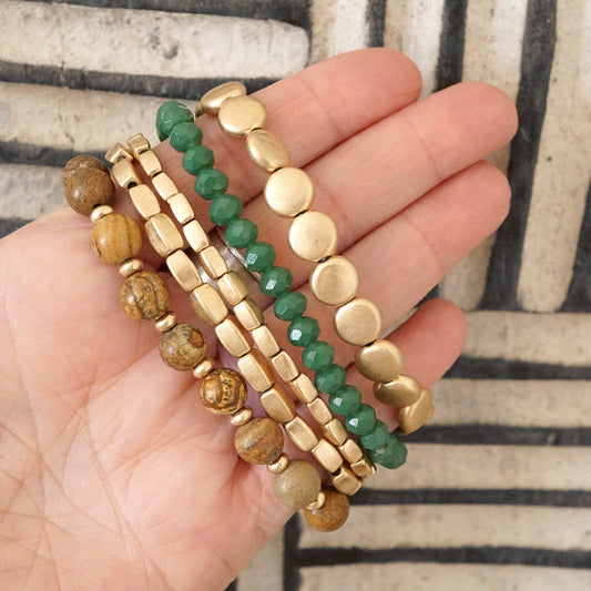 5 piece Boho Bracelet Stack Green Brown and antique gold tone