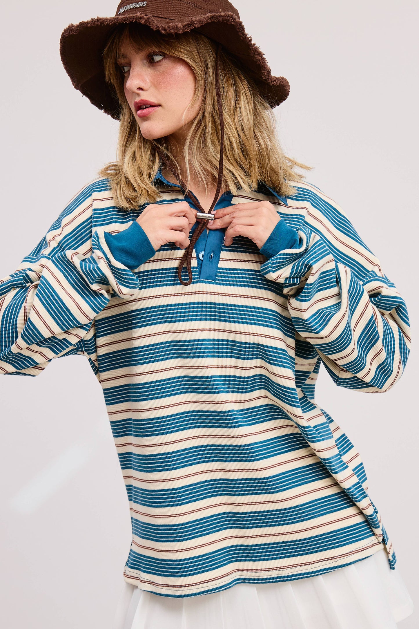 Multicolor Stripe Oversized Long Sleeve Polo Shirt