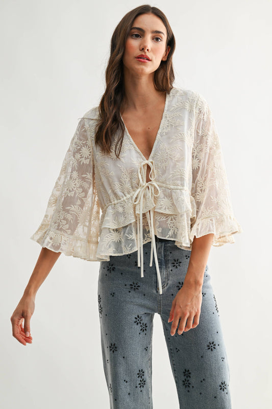 Boho Embroidered Sheer Bell Sleeve Top