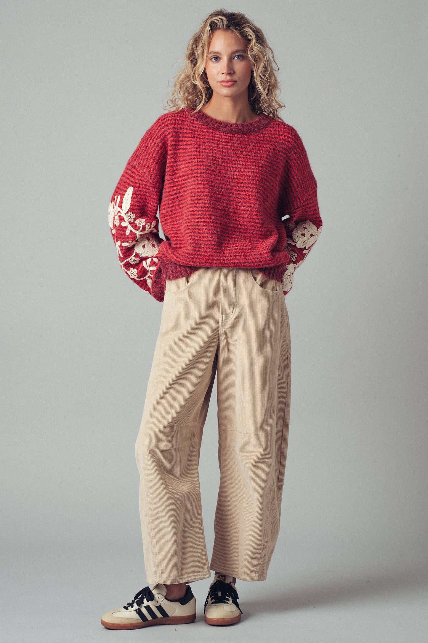 Floral Embroidered Striped Knit Sweater - Rusty Red