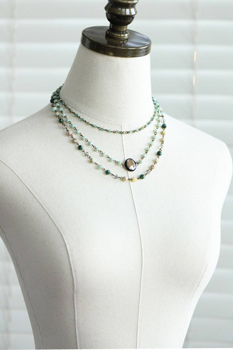 Triple Layered Mixed Glass Bead and Stone Necklace - Aqua