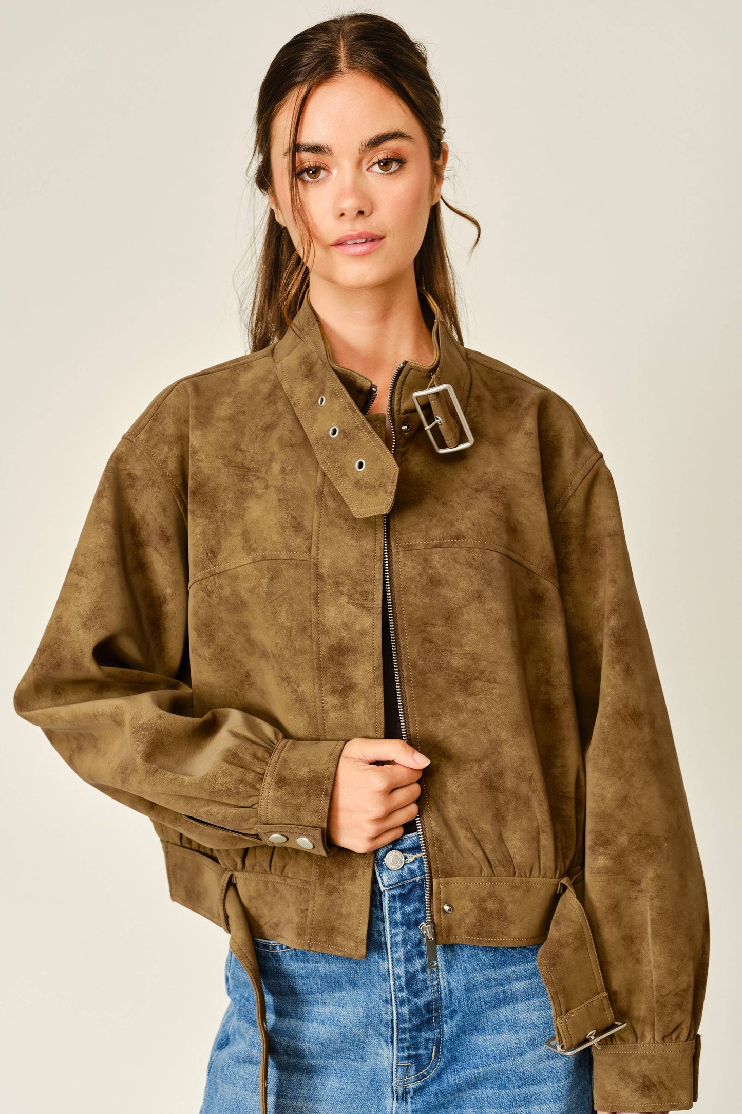 Vintage Vegan Leather Belted Bomber Jacket