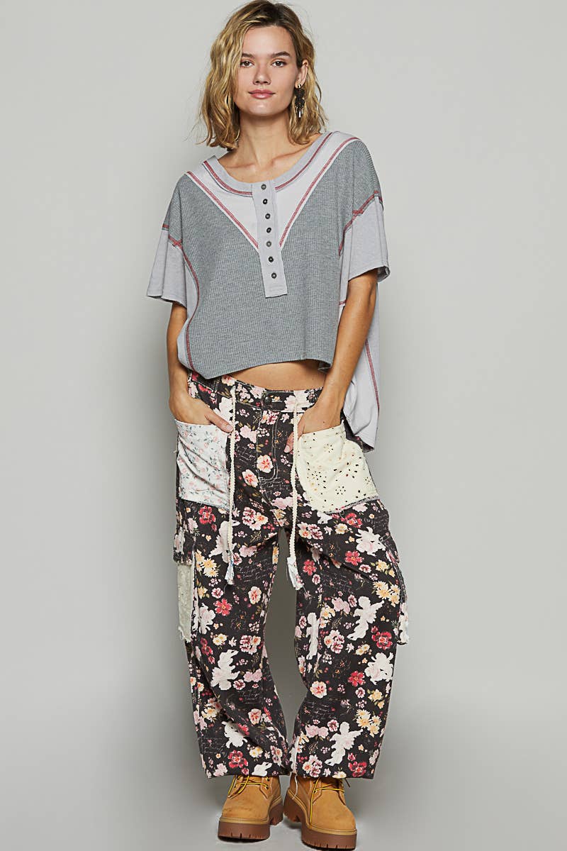 Round neck short sleeve strap thermal knit top