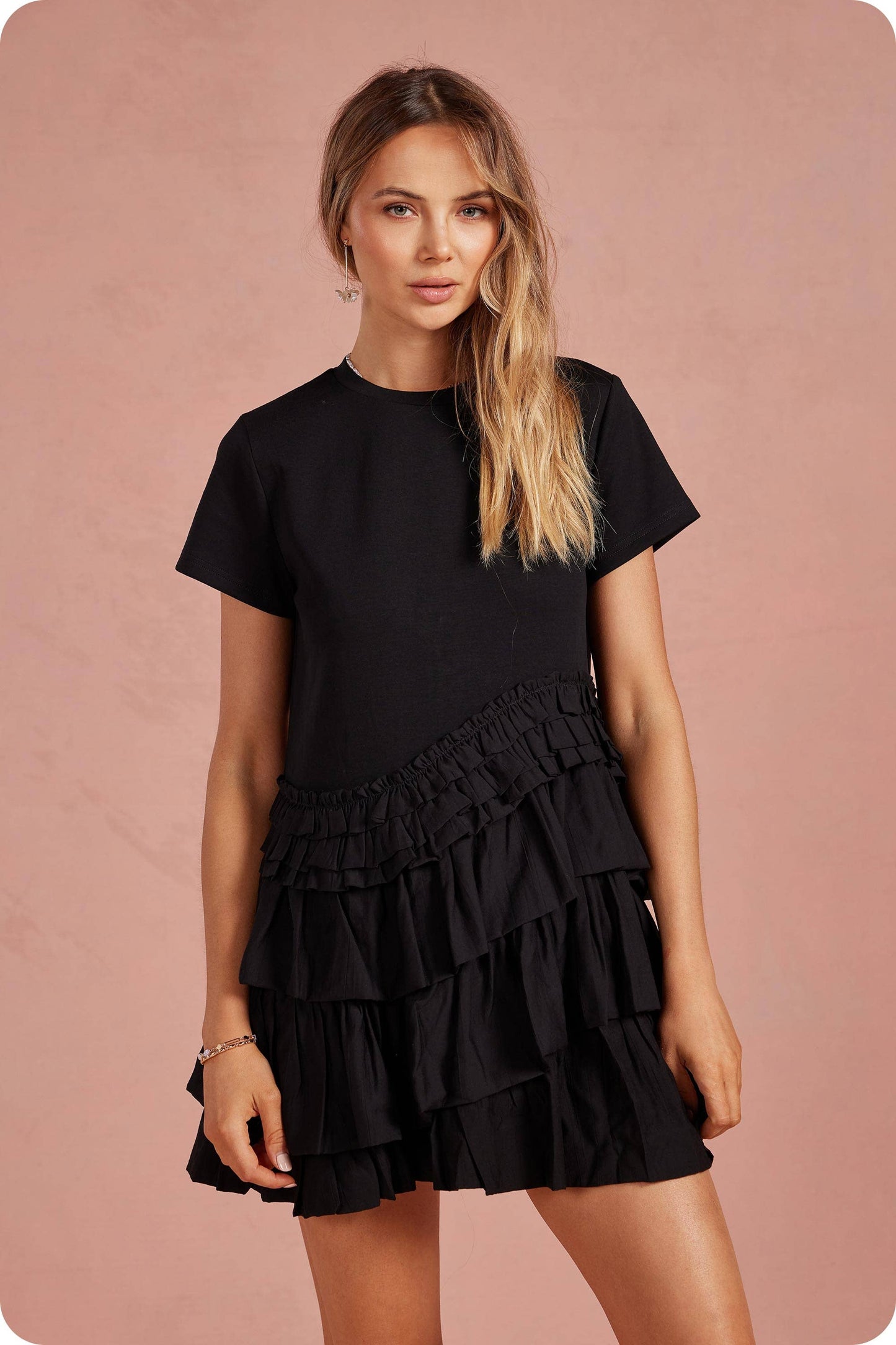 Ruffle Frill Asymmetric Tiered Mixed Media Tee Mini Dress