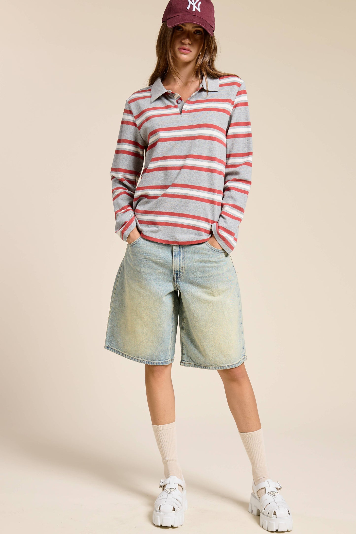 90s Style Boxy Fit Striped Knit Polo Shirt