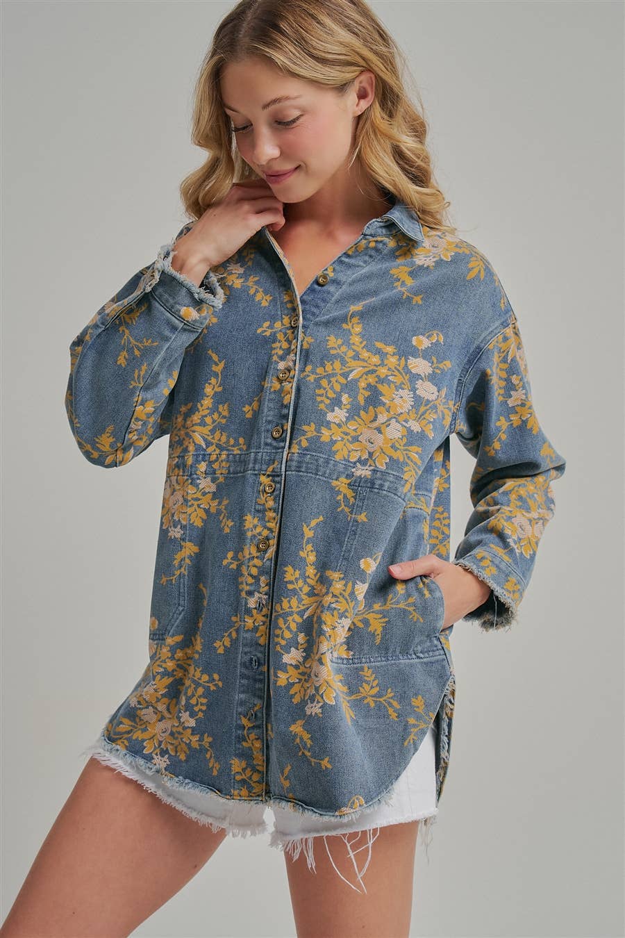 Floral Denim Relaxed Shirt/Jacket with Pockets