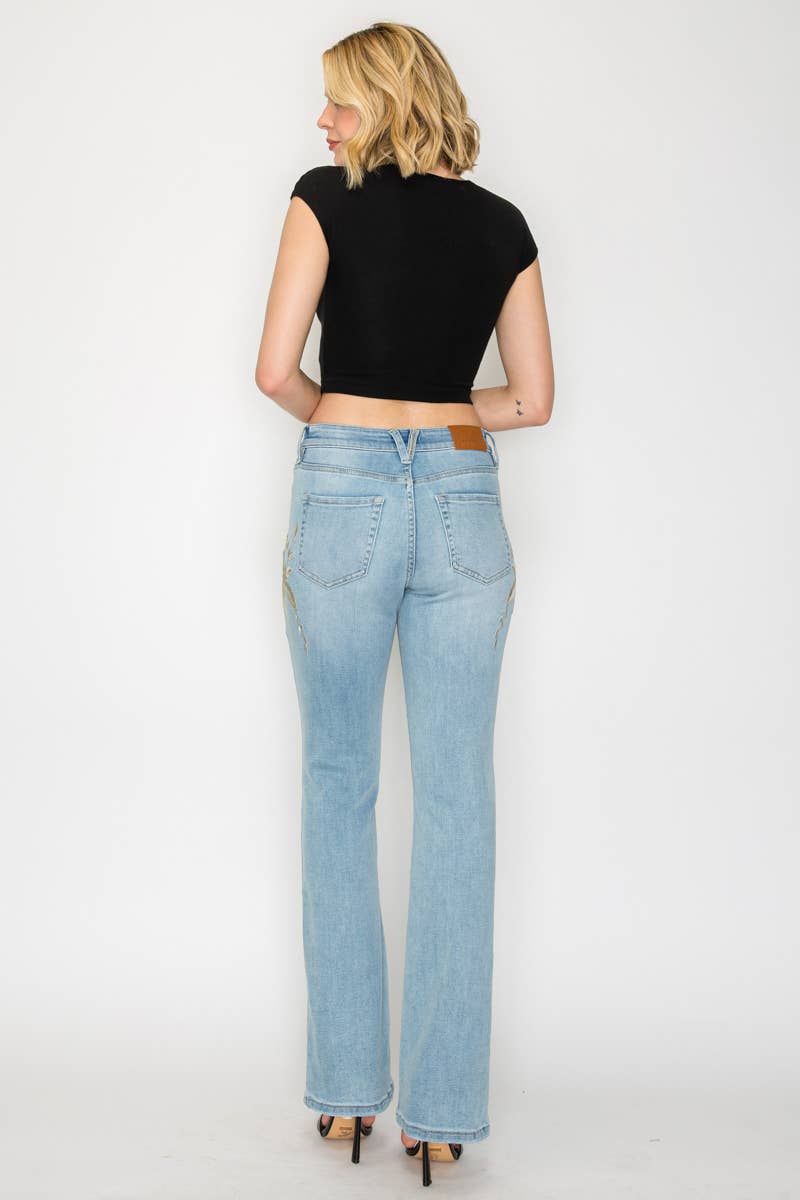 HIGH RISE EMBROIDERED MODERN BOOTCUT JEAN