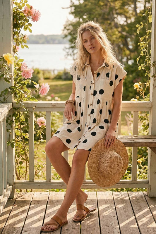 Polka Dot Button-Down Poplin A-Line Mini Dress