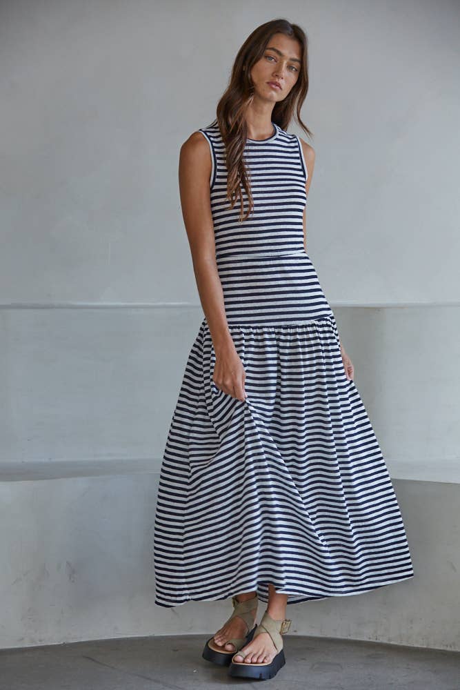Knit Cotton Blend Striped Sleeveless Midi - Ultra Light Fabric