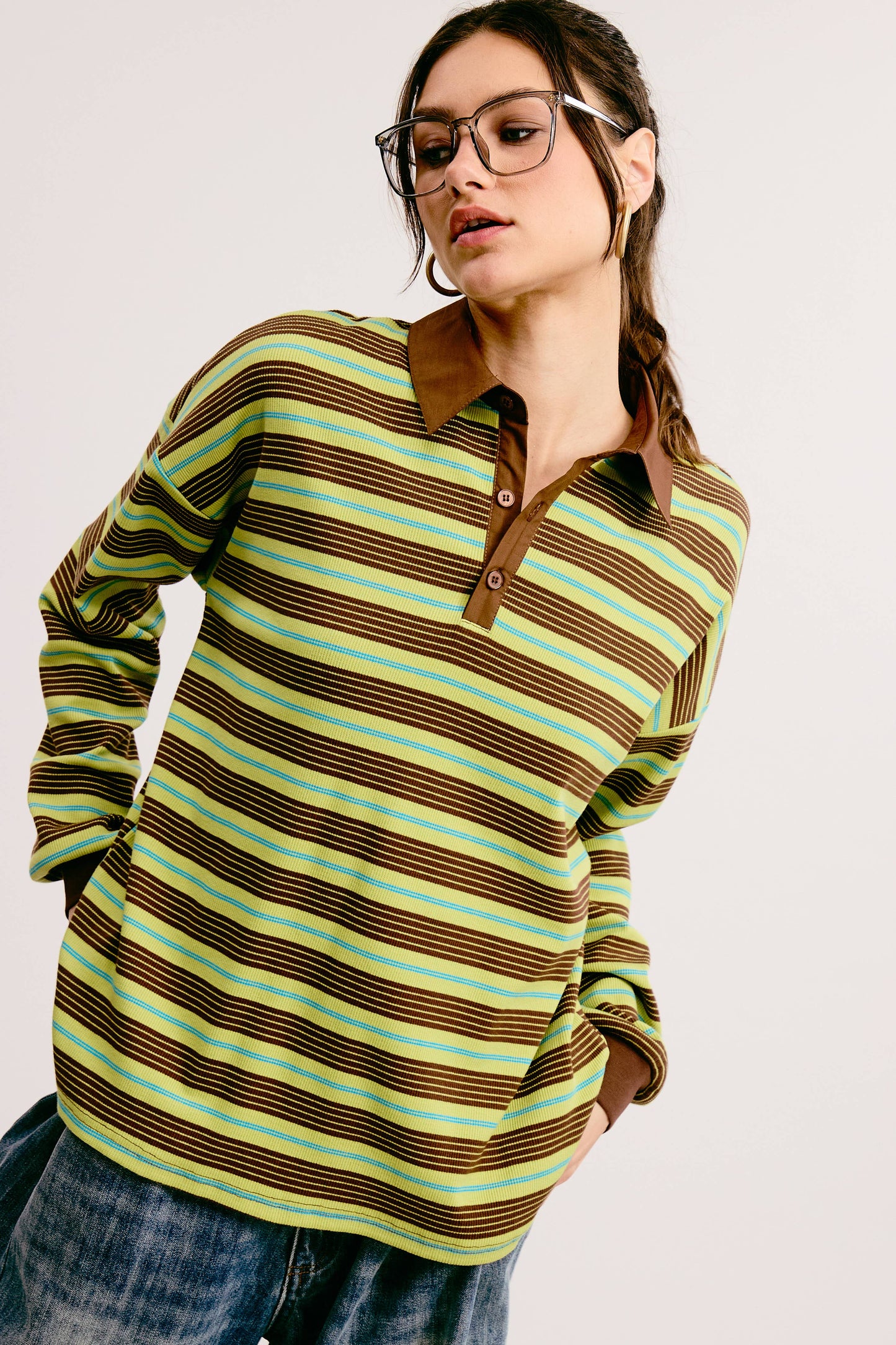 Multicolor Stripe Oversized Long Sleeve Polo Shirt