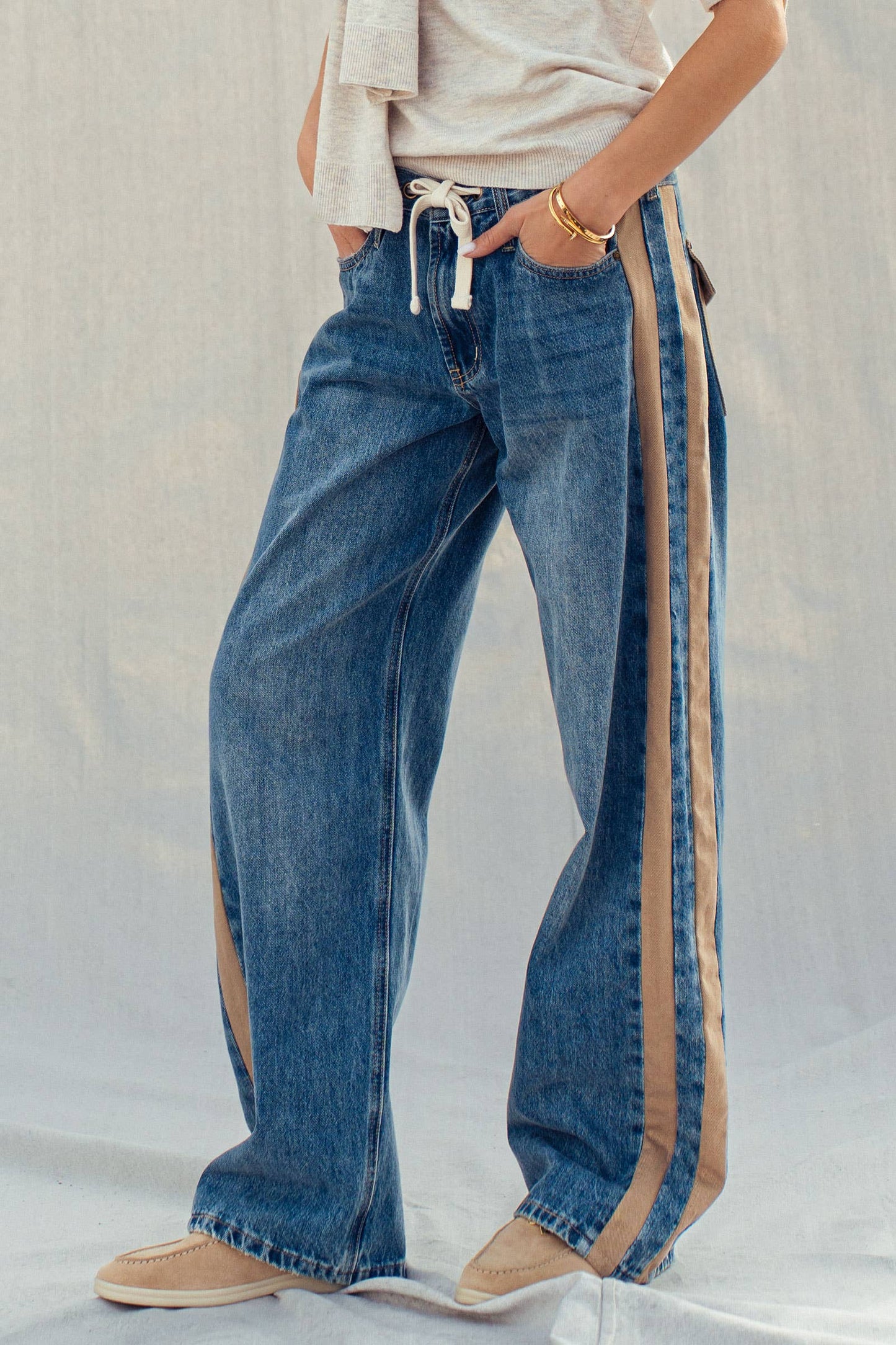 Slouchy Relaxed Wide-Leg Utility Stripe Denim Jeans