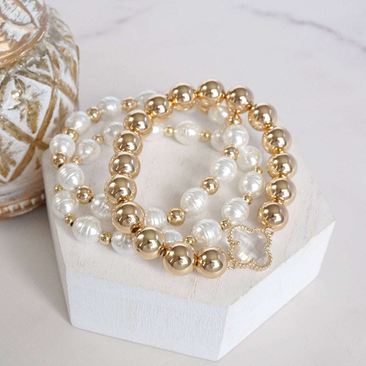 Beads & Clover Charm Statement Bracelet Stack
