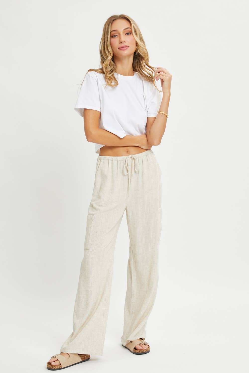 Linen Blend Pull On Drawstring Pants in Oatmeal