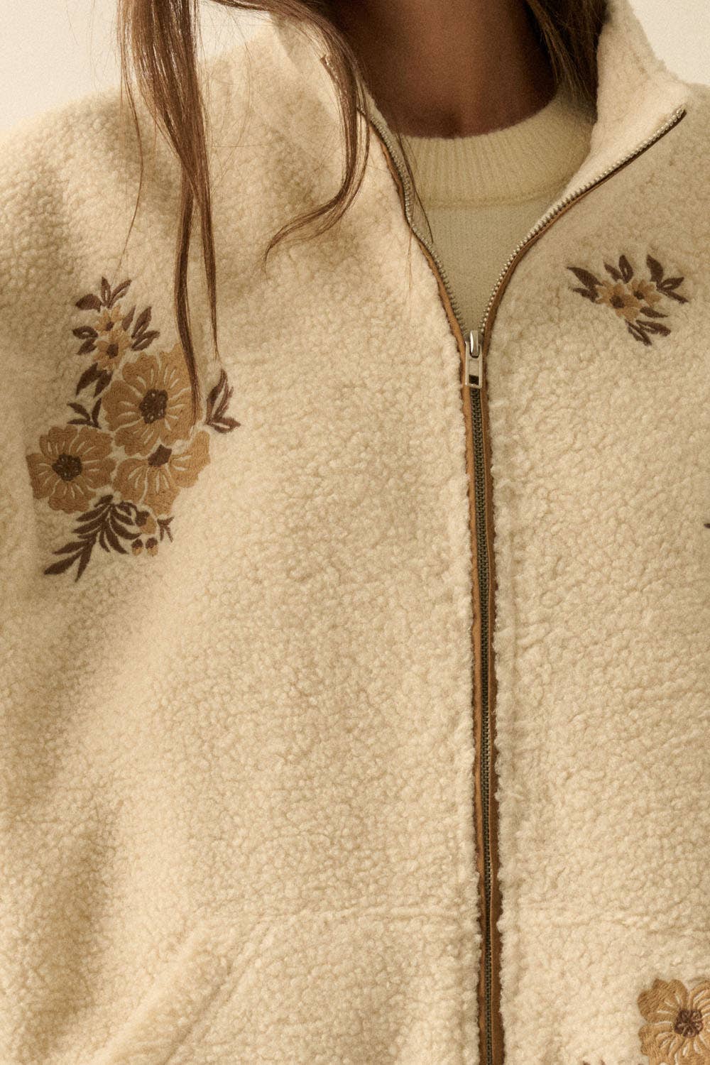 Floral-Embroidered Sherpa Fleece Zip-Up Jacket