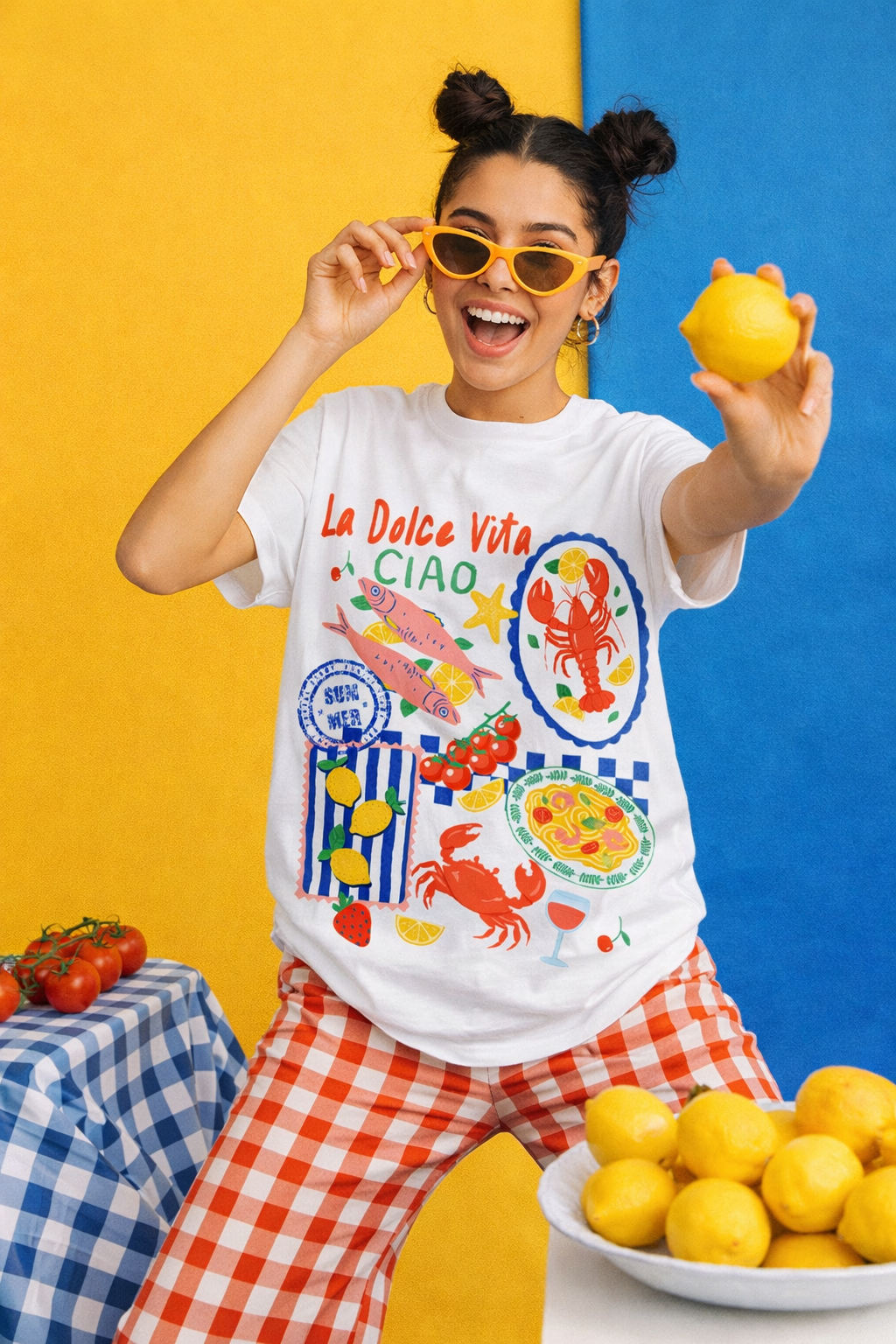 La Dolce Vita Seafood Picnic Graphic Cotton T-Shirt