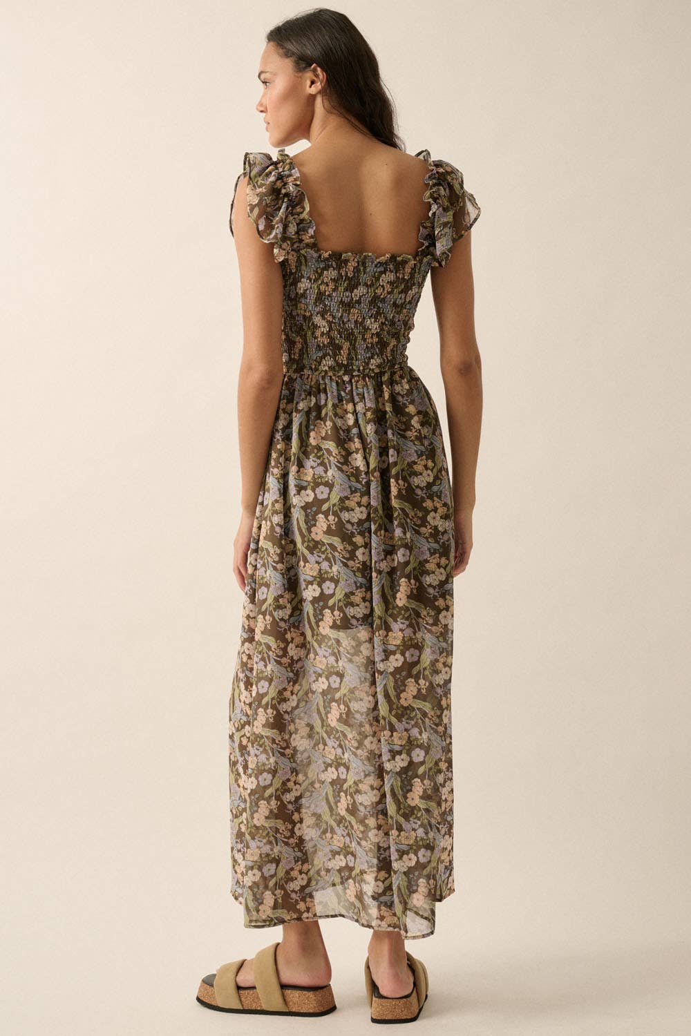 Floral Sheer Square-Neck Smocked-Bodice Maxi Dress