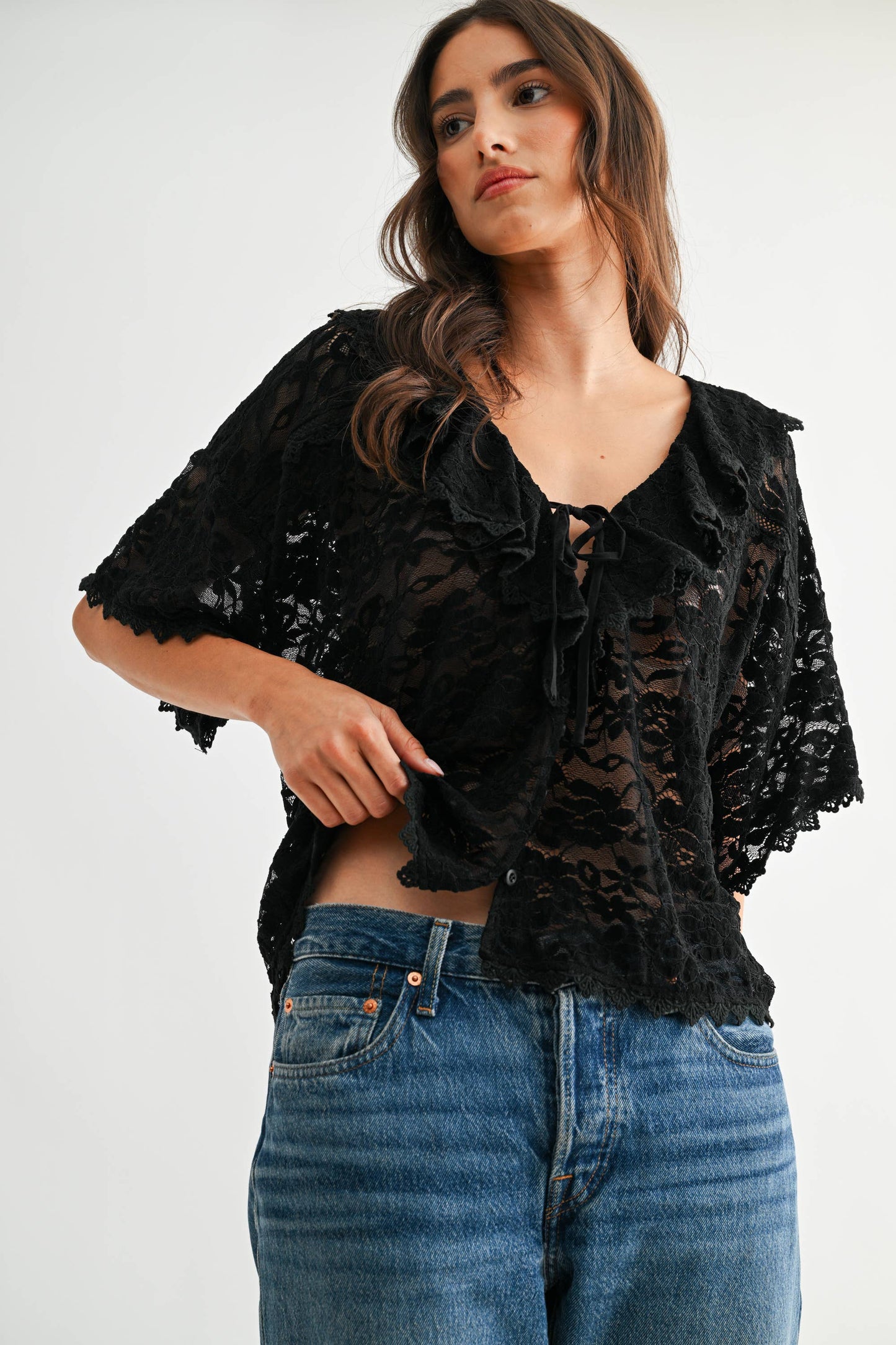 Ruffle Trim LaceTie Front Top