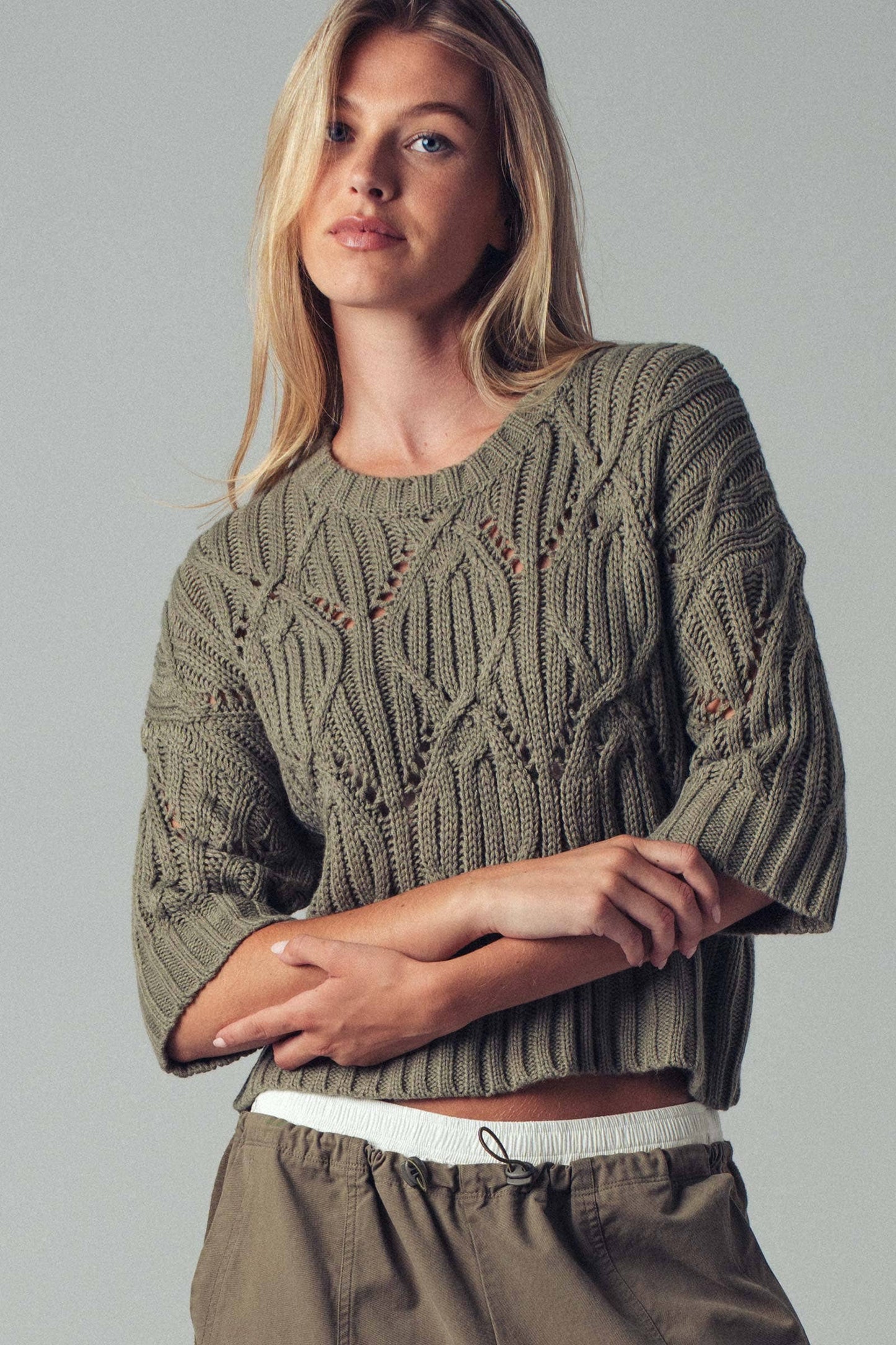 Bohemian Crochet Crewneck Sweater – Olive